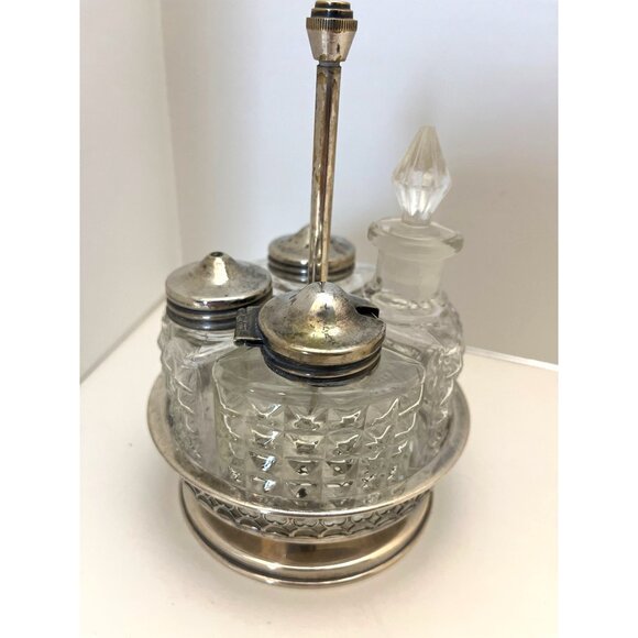 Antique Cruet Set 4 Pressed Glass Containers Celtic Quality Plate Rotating Base - Picture 5 of 8